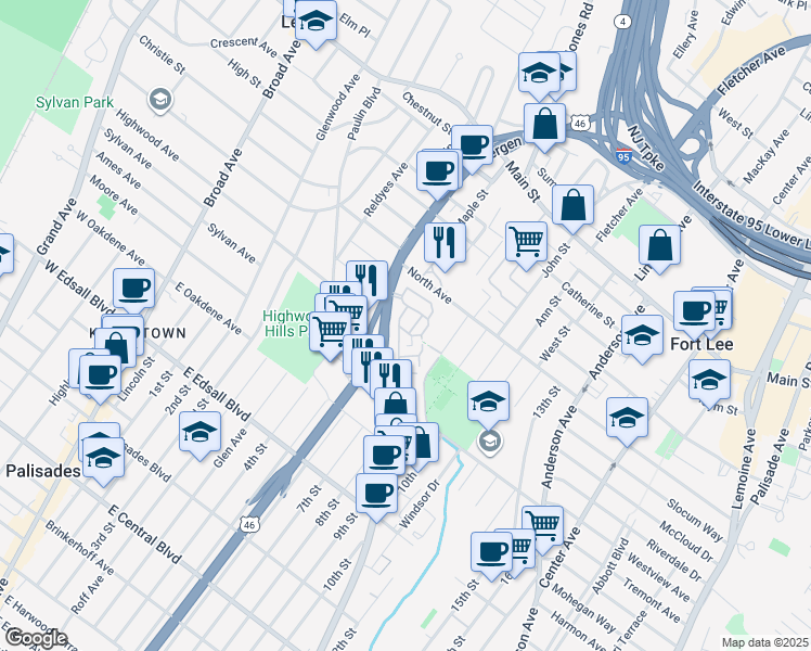 map of restaurants, bars, coffee shops, grocery stores, and more near 1480 Bergen Boulevard in Fort Lee