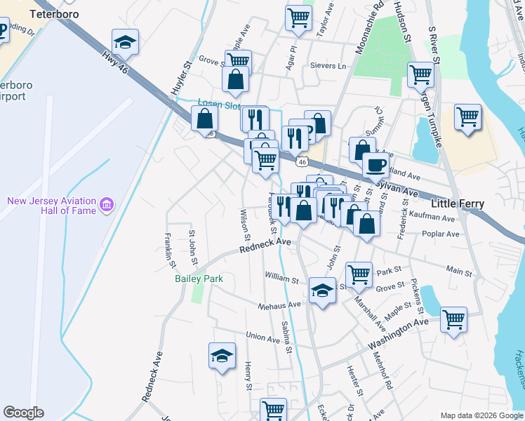 map of restaurants, bars, coffee shops, grocery stores, and more near 11 Garfield Street in Little Ferry