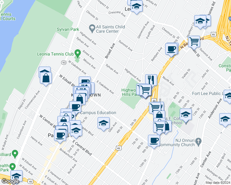 map of restaurants, bars, coffee shops, grocery stores, and more near 3 Glenwood Avenue in Palisades Park