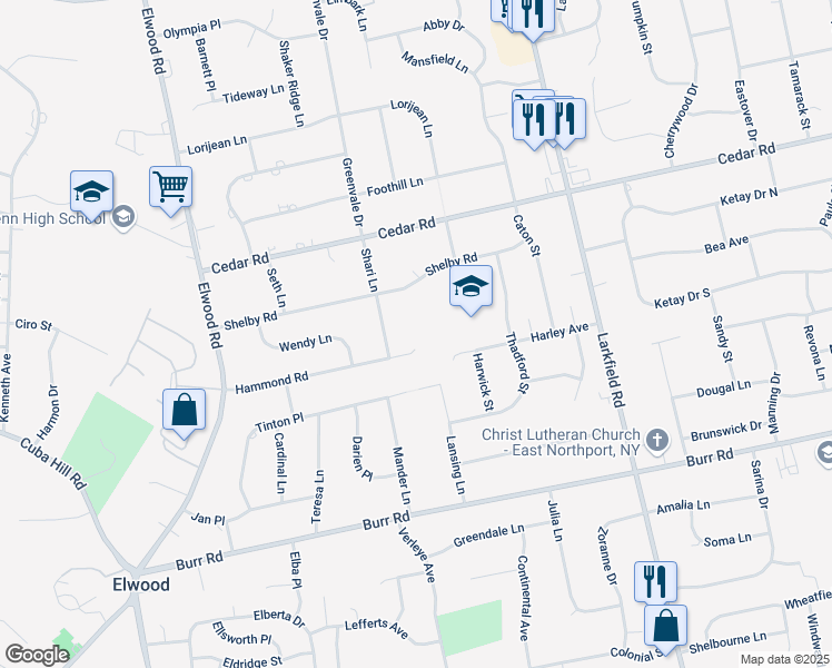 map of restaurants, bars, coffee shops, grocery stores, and more near 31 Hammond Road in East Northport