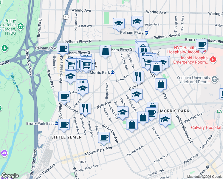 map of restaurants, bars, coffee shops, grocery stores, and more near 2019 Colden Avenue in Bronx