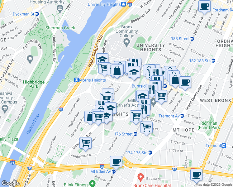 map of restaurants, bars, coffee shops, grocery stores, and more near 1852 Andrews Avenue South in Bronx