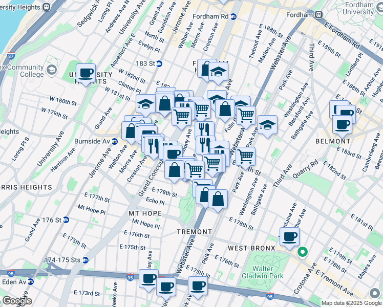 map of restaurants, bars, coffee shops, grocery stores, and more near in The Bronx