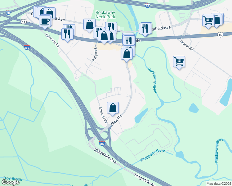 map of restaurants, bars, coffee shops, grocery stores, and more near 889 Edwards Road in Parsippany-Troy Hills