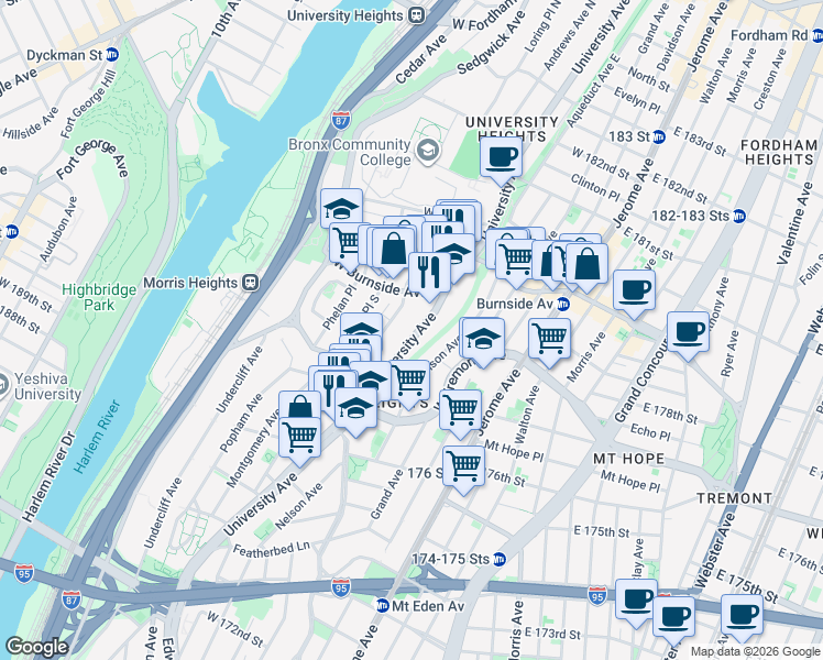 map of restaurants, bars, coffee shops, grocery stores, and more near 1852 Andrews Avenue South in Bronx