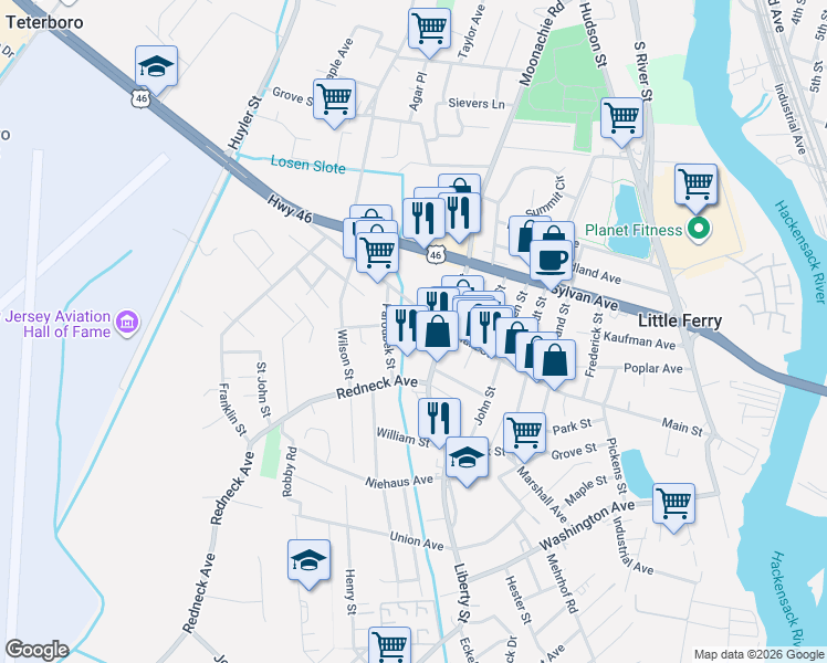 map of restaurants, bars, coffee shops, grocery stores, and more near 277 Main Street in Little Ferry