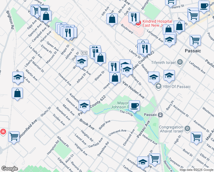 map of restaurants, bars, coffee shops, grocery stores, and more near 413 Howe Avenue in Passaic