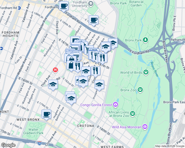 map of restaurants, bars, coffee shops, grocery stores, and more near 2307 Beaumont Avenue in The Bronx