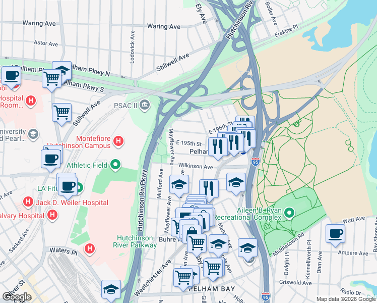 map of restaurants, bars, coffee shops, grocery stores, and more near 2867 East 194th Street in Bronx