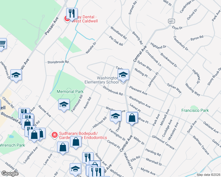 map of restaurants, bars, coffee shops, grocery stores, and more near 8 Stonybrook Road in West Caldwell