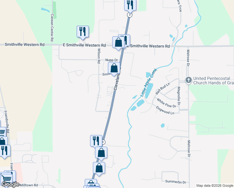 map of restaurants, bars, coffee shops, grocery stores, and more near 4379 Cleveland Road in Wooster