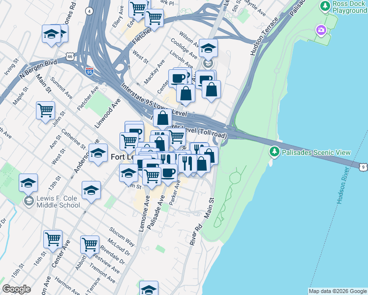 map of restaurants, bars, coffee shops, grocery stores, and more near 800 Park Avenue in Fort Lee