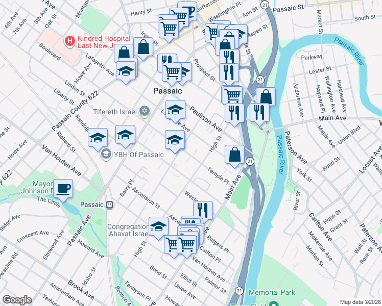 map of restaurants, bars, coffee shops, grocery stores, and more near 85 Boulevard in Passaic