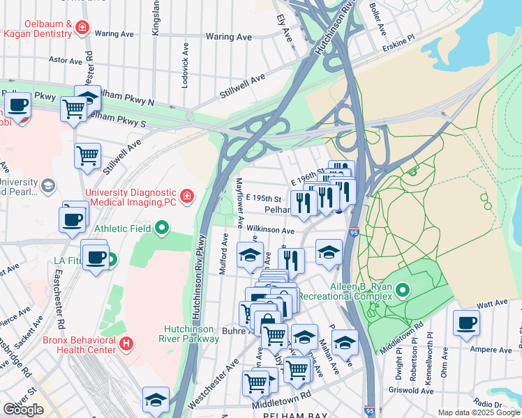 map of restaurants, bars, coffee shops, grocery stores, and more near 2844 East 194th Street in Bronx