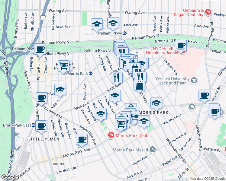 map of restaurants, bars, coffee shops, grocery stores, and more near in Bronx