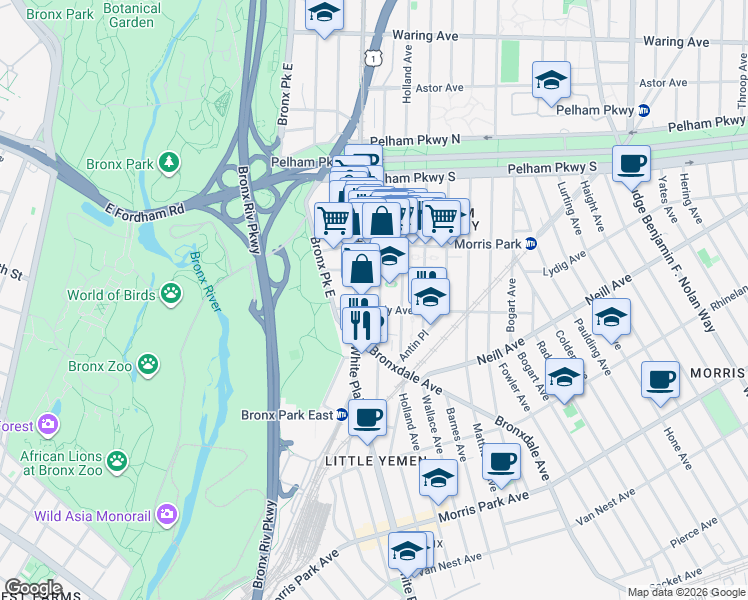 map of restaurants, bars, coffee shops, grocery stores, and more near 2072 White Plains Road in Bronx