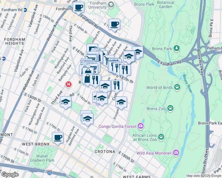map of restaurants, bars, coffee shops, grocery stores, and more near 2307 Beaumont Avenue in The Bronx