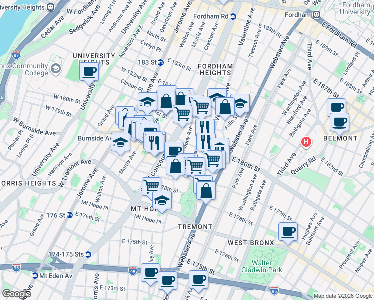 map of restaurants, bars, coffee shops, grocery stores, and more near 2060 Anthony Avenue in Bronx