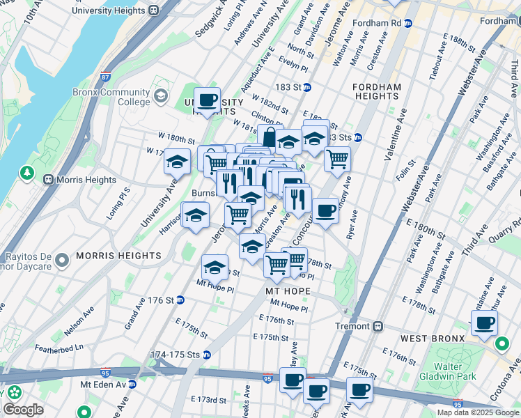 map of restaurants, bars, coffee shops, grocery stores, and more near 2021 Morris Avenue in The Bronx