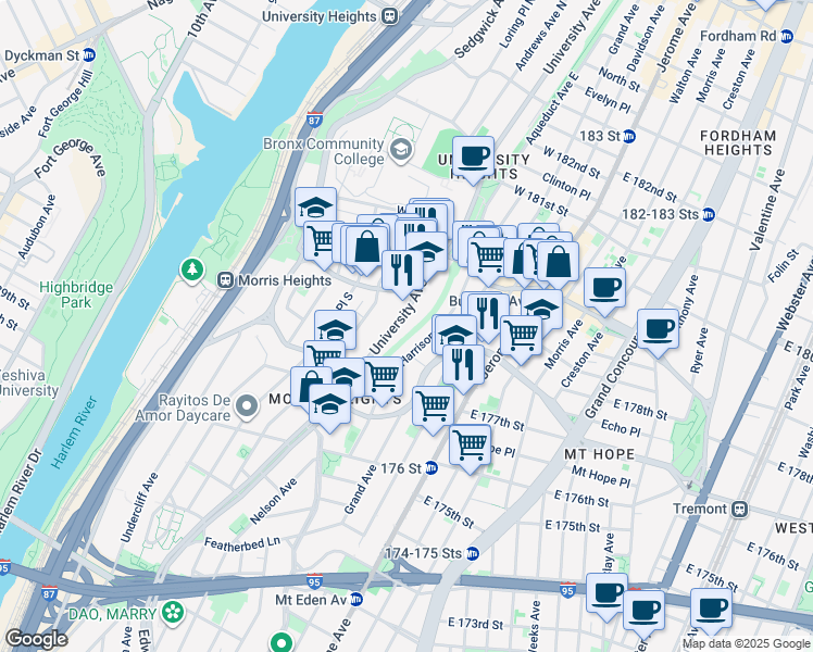 map of restaurants, bars, coffee shops, grocery stores, and more near 1877 Harrison Avenue in The Bronx