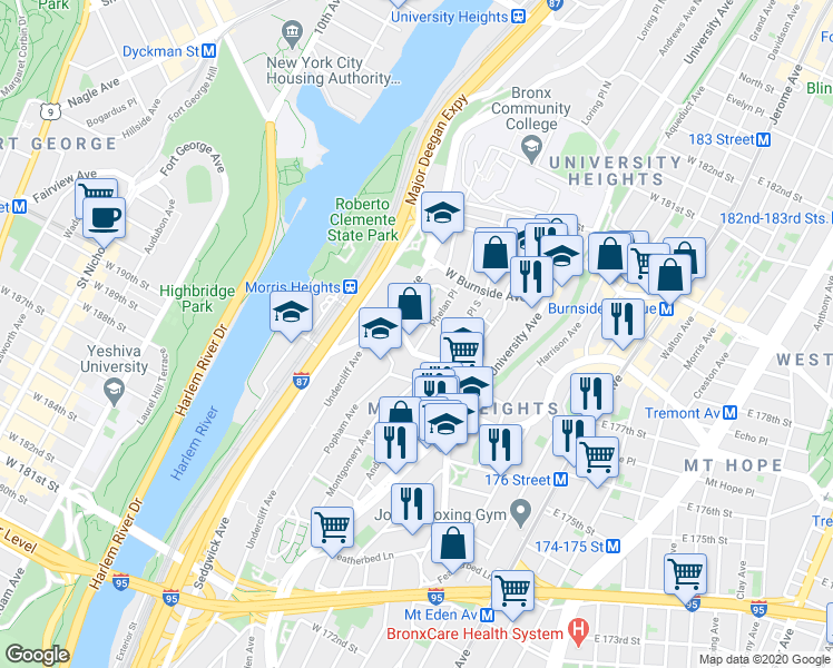 map of restaurants, bars, coffee shops, grocery stores, and more near 1814B Phelan Place in Bronx