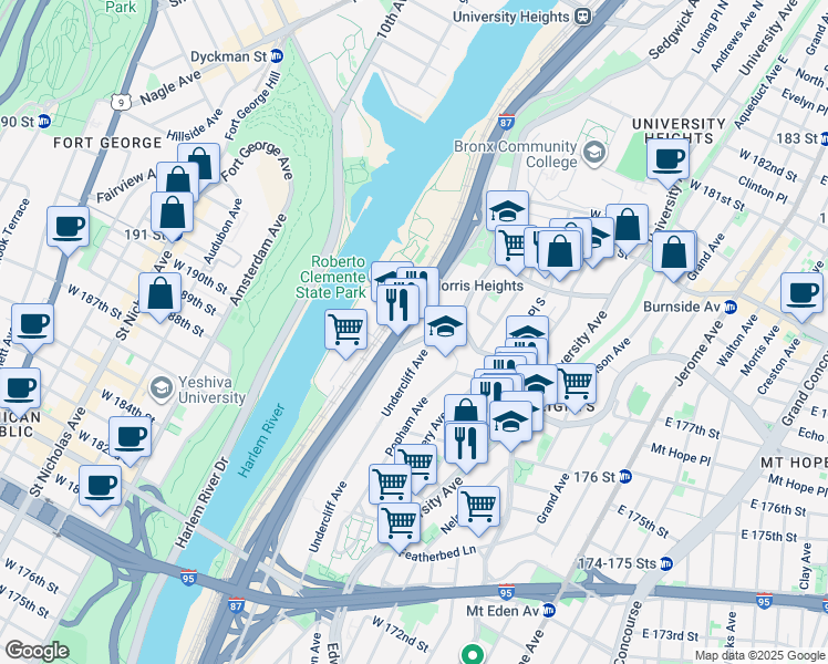 map of restaurants, bars, coffee shops, grocery stores, and more near 1808 Cedar Avenue in Bronx