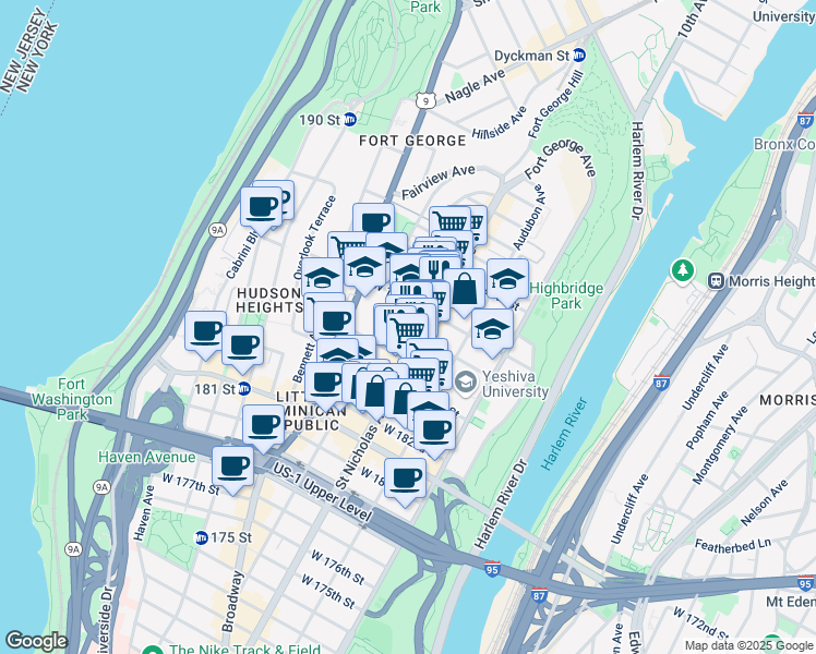 map of restaurants, bars, coffee shops, grocery stores, and more near 600 West 186th Street in New York