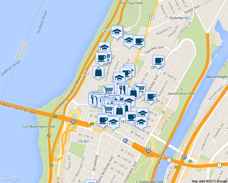 map of restaurants, bars, coffee shops, grocery stores, and more near 56 Bennett Avenue in New York