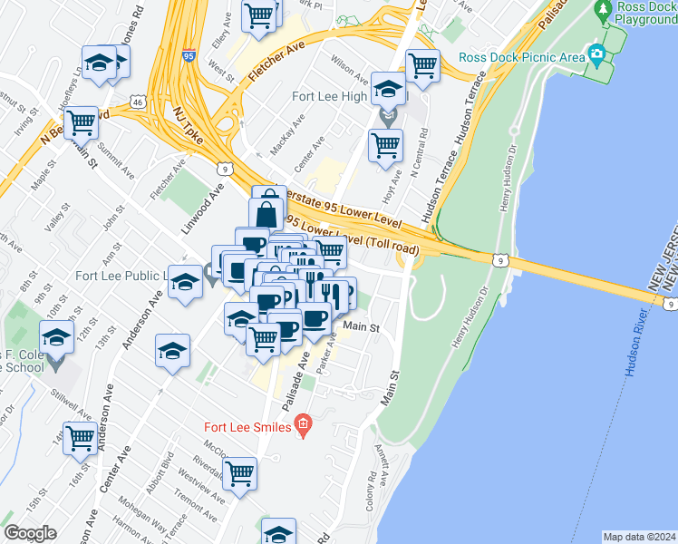 map of restaurants, bars, coffee shops, grocery stores, and more near 675 Park Avenue in Fort Lee
