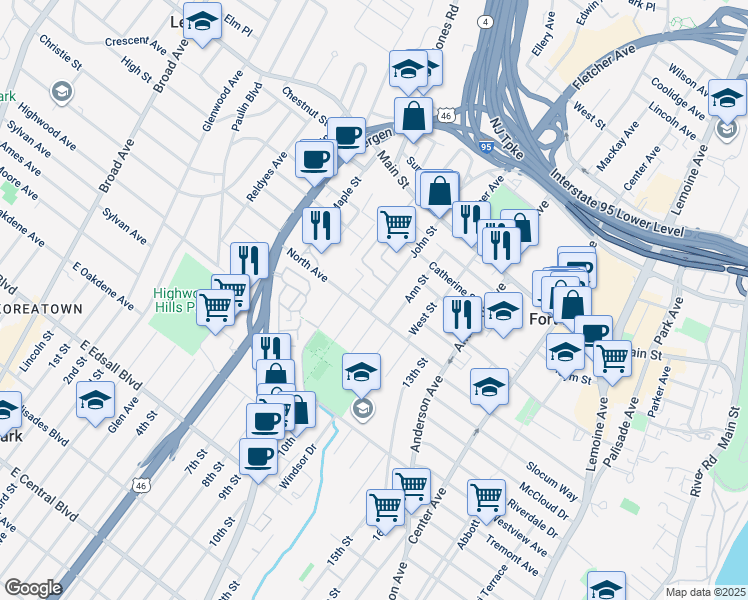 map of restaurants, bars, coffee shops, grocery stores, and more near 479 North Avenue in Fort Lee