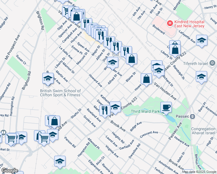 map of restaurants, bars, coffee shops, grocery stores, and more near 18 Howard Avenue in Clifton