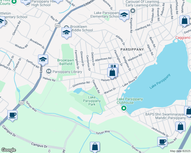 map of restaurants, bars, coffee shops, grocery stores, and more near 237 Halsey Road in Parsippany-Troy Hills