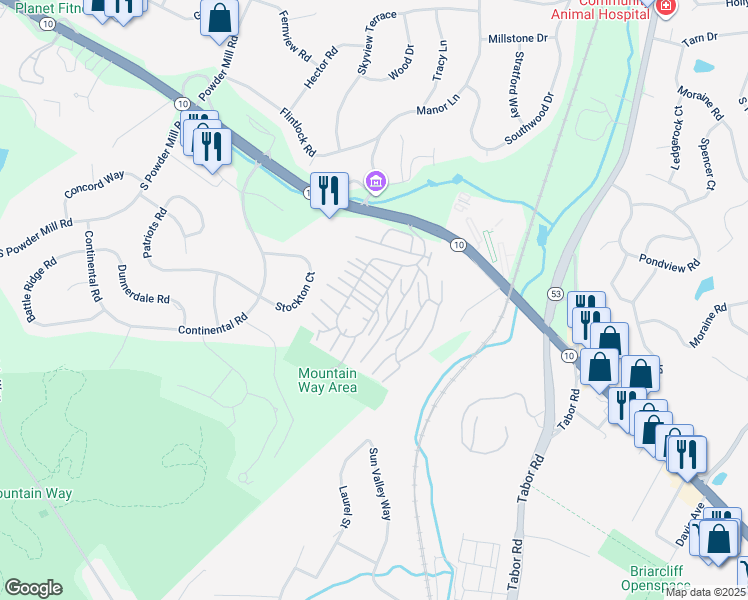 map of restaurants, bars, coffee shops, grocery stores, and more near 2350 New Jersey 10 in Morris Plains