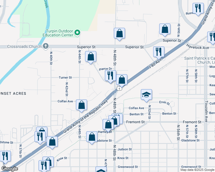map of restaurants, bars, coffee shops, grocery stores, and more near 3939 N 48th St in Lincoln