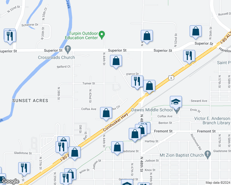 map of restaurants, bars, coffee shops, grocery stores, and more near 4501 Tranquility Drive in Lincoln