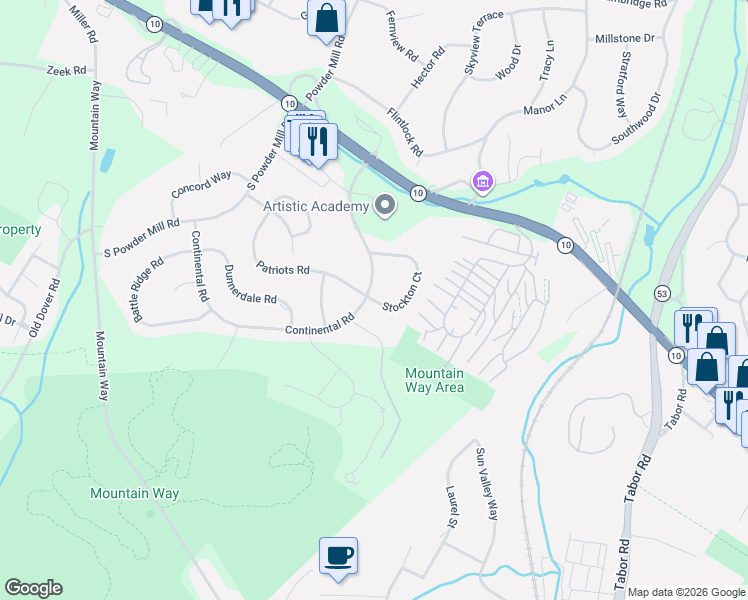map of restaurants, bars, coffee shops, grocery stores, and more near 209 Patriots Road in Morris Plains