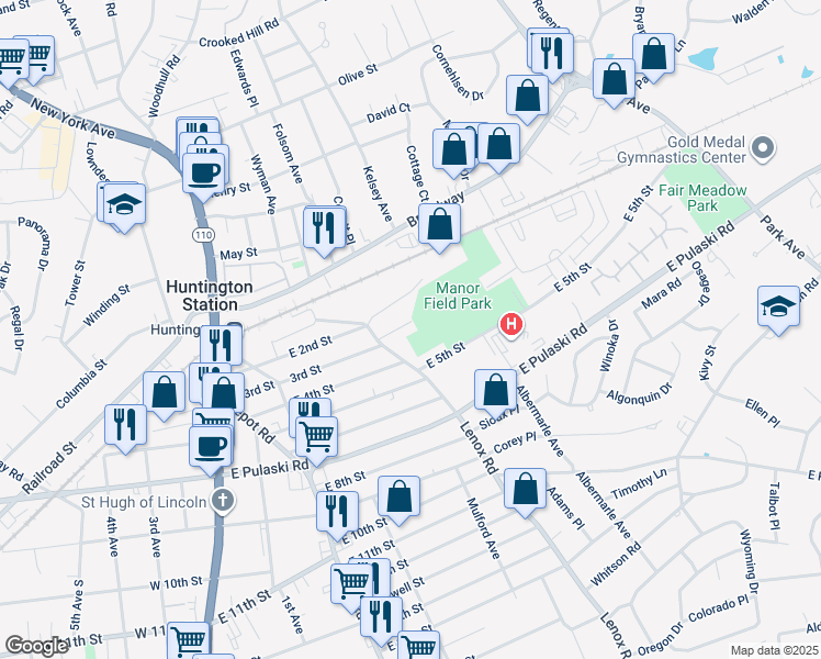 map of restaurants, bars, coffee shops, grocery stores, and more near 164 East 3rd Street in Huntington Station