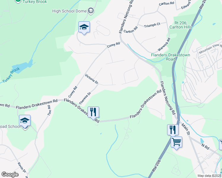 map of restaurants, bars, coffee shops, grocery stores, and more near 14 Victoria Drive in Mount Olive