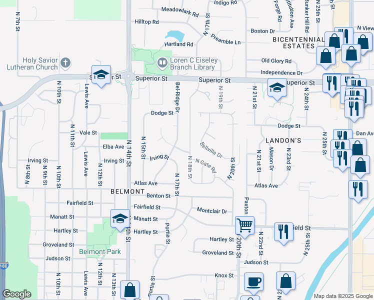 map of restaurants, bars, coffee shops, grocery stores, and more near 4119 North 18th Street in Lincoln