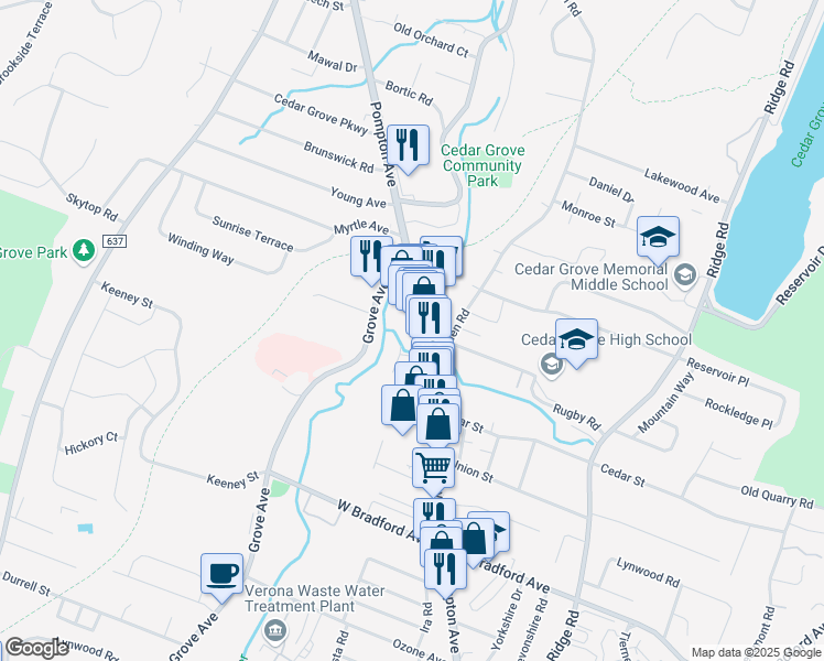 map of restaurants, bars, coffee shops, grocery stores, and more near 554 Pompton Avenue in Cedar Grove