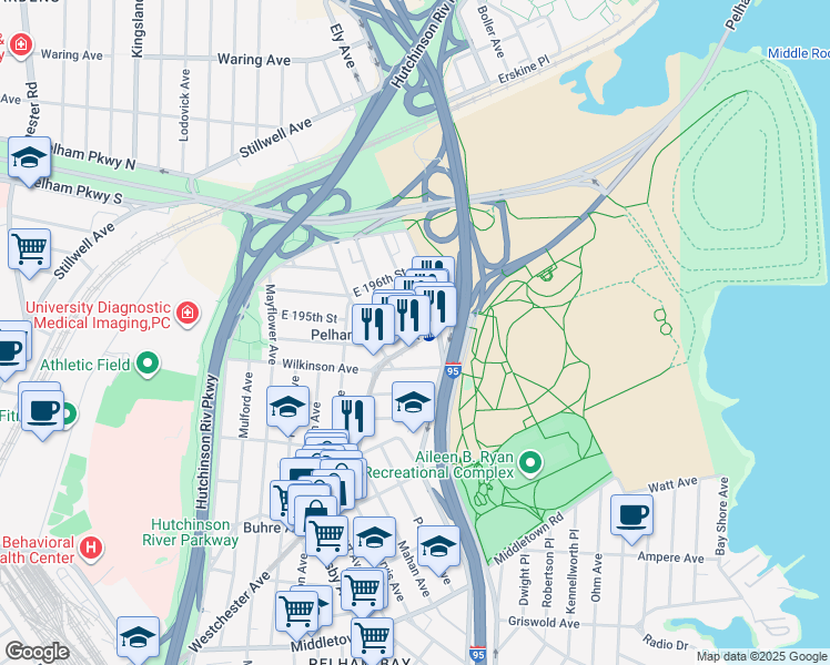 map of restaurants, bars, coffee shops, grocery stores, and more near 3250 Westchester Avenue in Bronx
