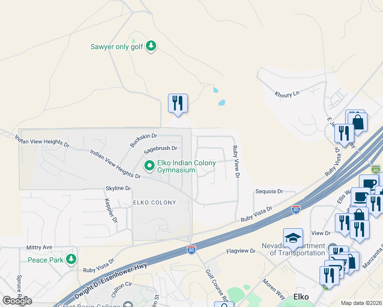 map of restaurants, bars, coffee shops, grocery stores, and more near 1824 Eagle Drive in Elko