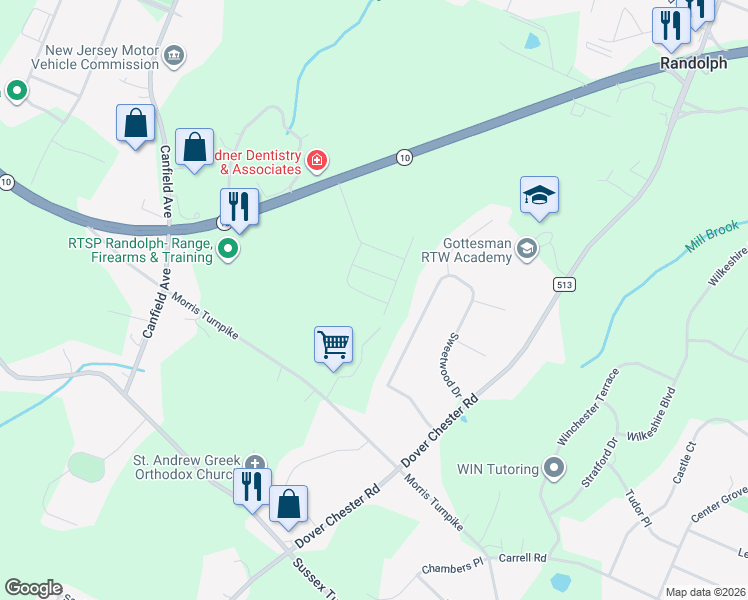 map of restaurants, bars, coffee shops, grocery stores, and more near 28 Sweetwood Drive in Randolph