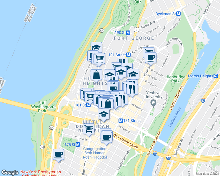 map of restaurants, bars, coffee shops, grocery stores, and more near 69 Bennett Avenue in New York