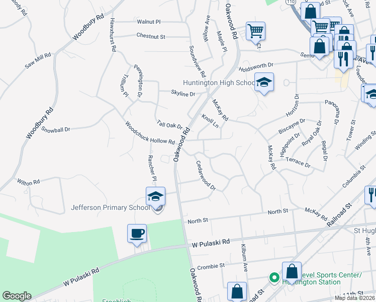 map of restaurants, bars, coffee shops, grocery stores, and more near 9 Hillwood Drive in Huntington Station