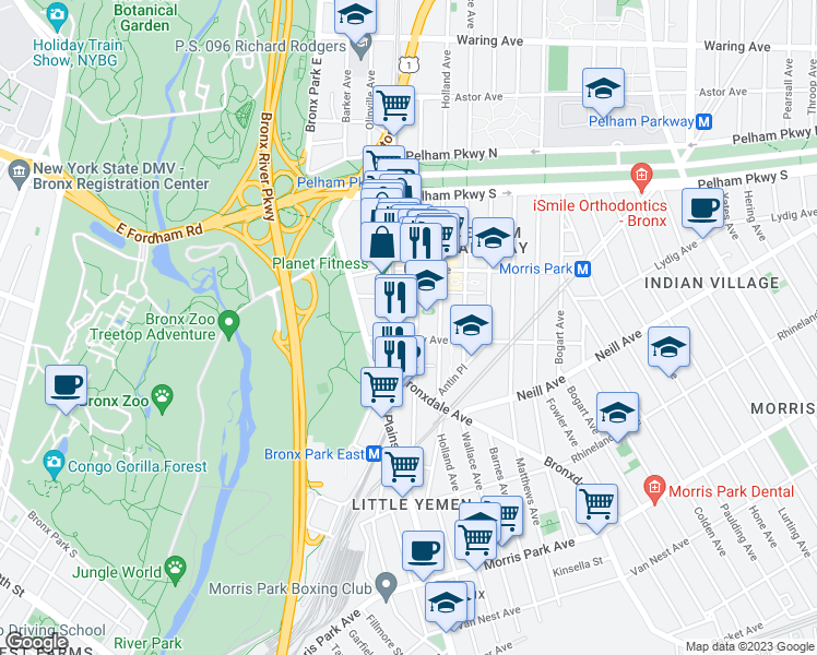 map of restaurants, bars, coffee shops, grocery stores, and more near 2072 White Plains Road in Bronx