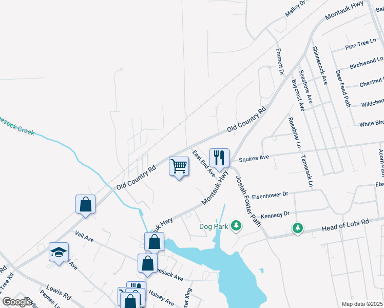 map of restaurants, bars, coffee shops, grocery stores, and more near 6 East End Avenue in East Quogue
