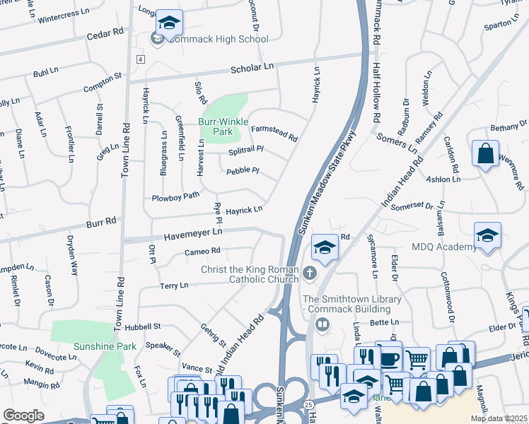 map of restaurants, bars, coffee shops, grocery stores, and more near 99 Hayrick Lane in Commack