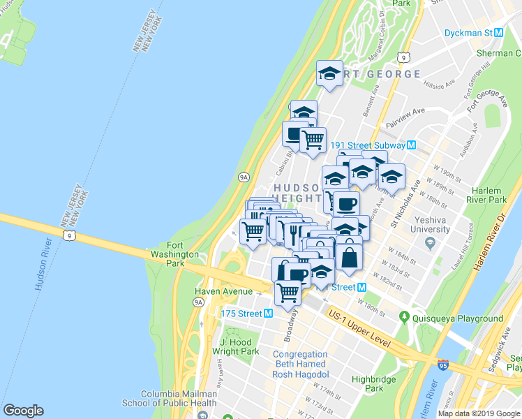 map of restaurants, bars, coffee shops, grocery stores, and more near 140 Cabrini Boulevard in New York
