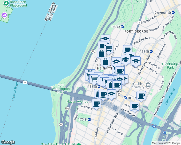 map of restaurants, bars, coffee shops, grocery stores, and more near 131 Cabrini Boulevard in New York